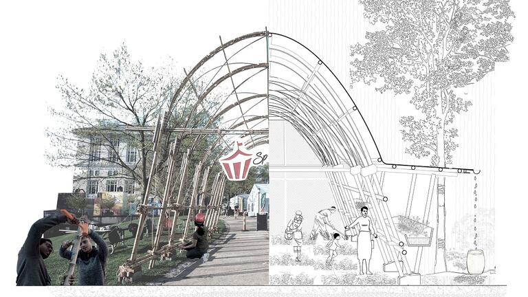 rendering of a bamboo pavilion and a greenhouse