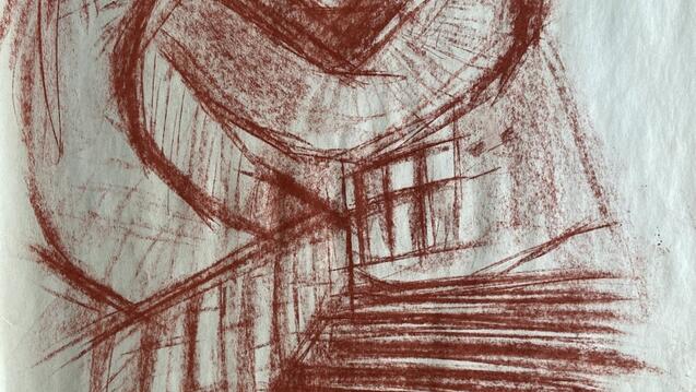 conte drawing of a spiral staircase