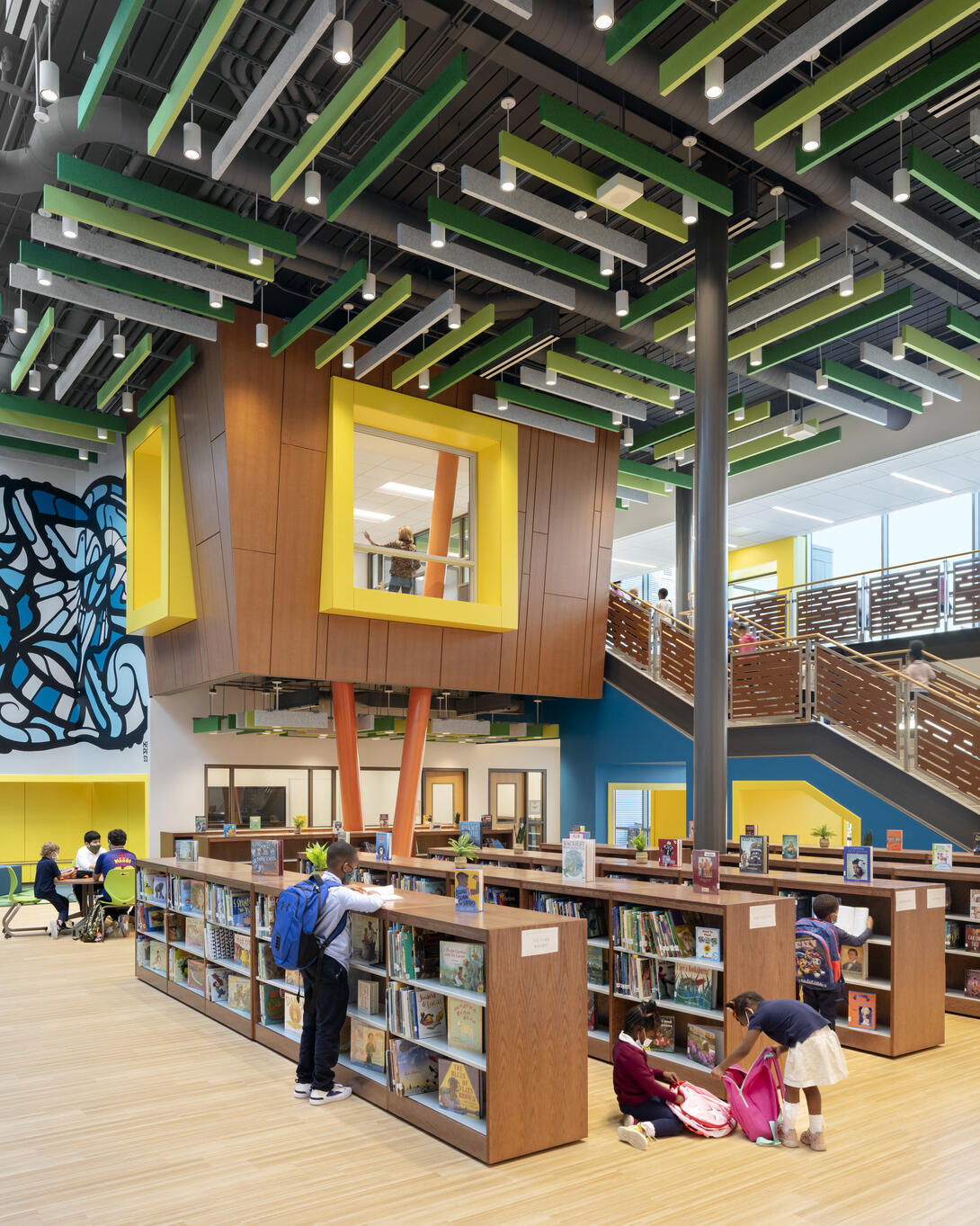 Children inside a school library at John Lewis Elementary School