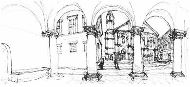 drawing of a European city colonnade
