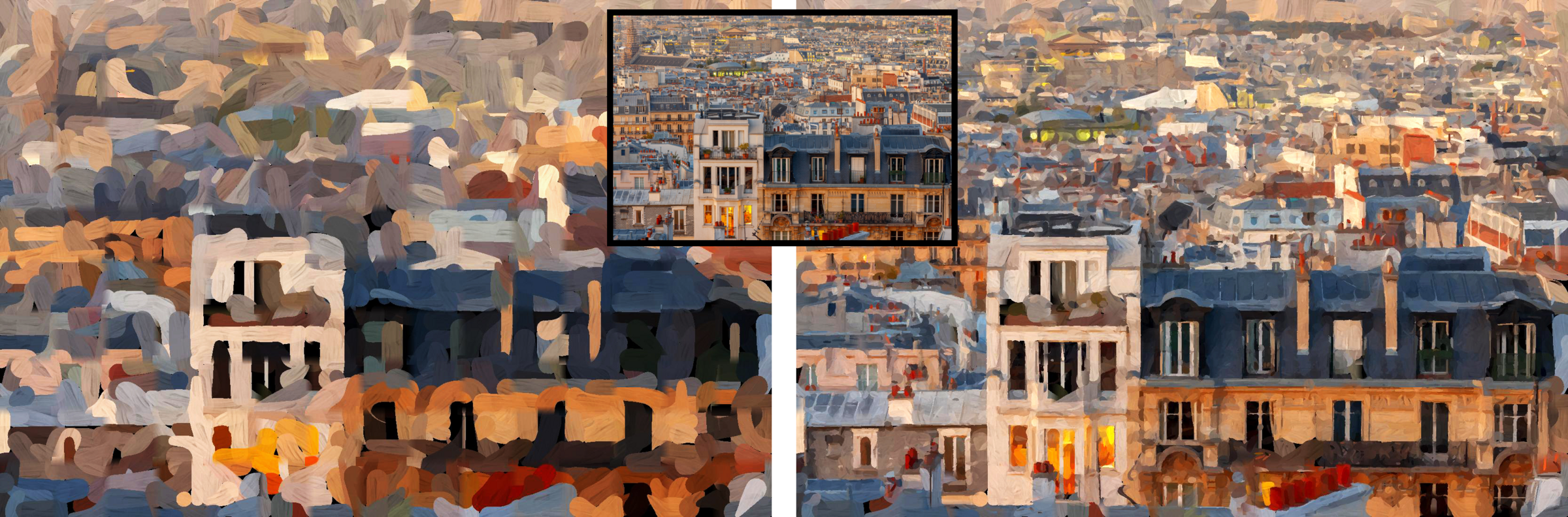 Two renderings of a cityscape generated by artistic artificial intelligence.